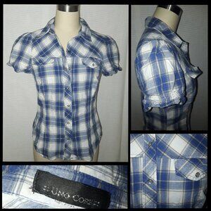 Plaid puff sleeve shirt top | faux front pockets